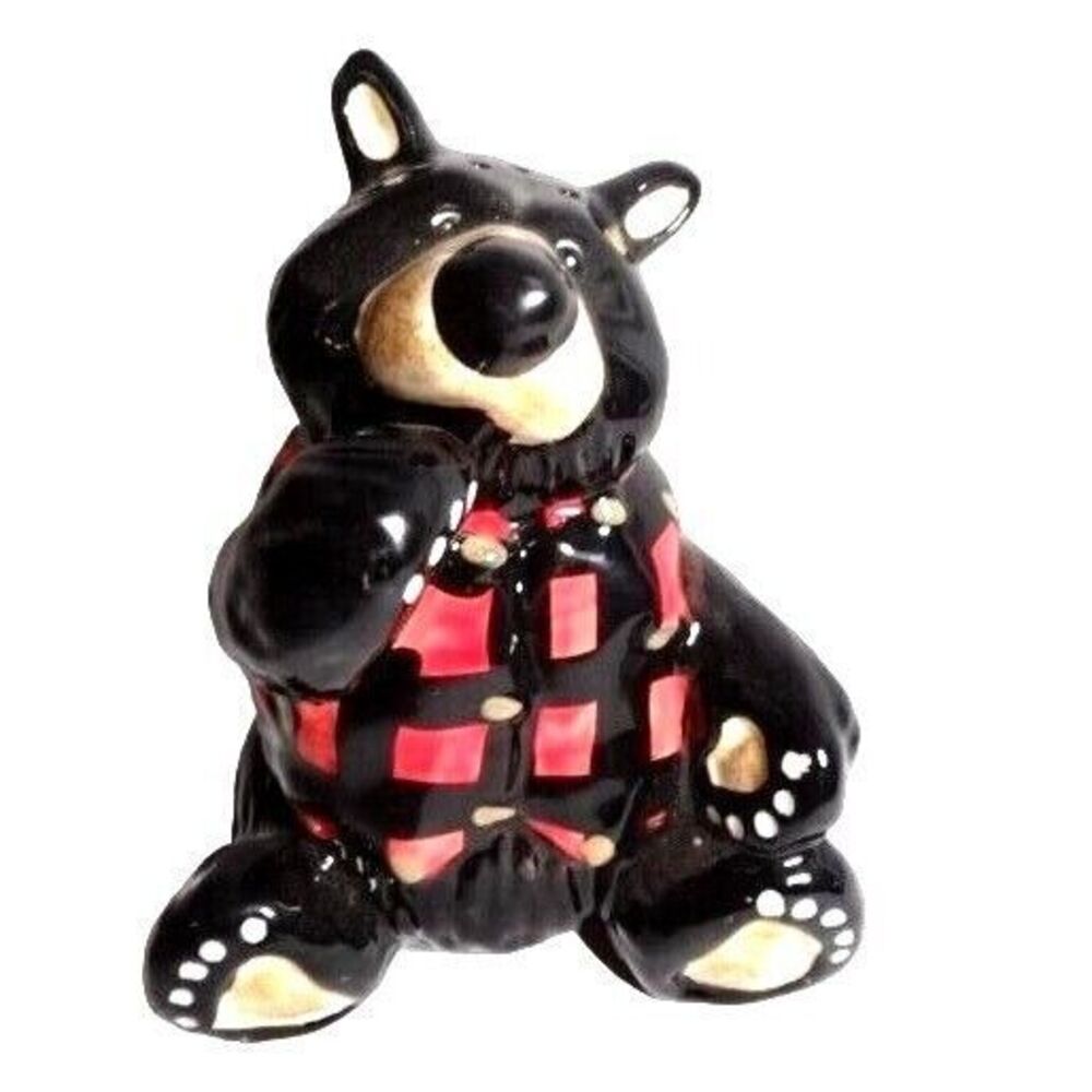 Black Bear Salt Spice Shaker Red Black Ceramic Buffalo Check Shirt 5" Lodge Gift